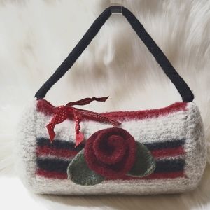 Artisan Felted Wool Barrow Bag Accented With Stripes & Rose Hosts Party Pick ♥️